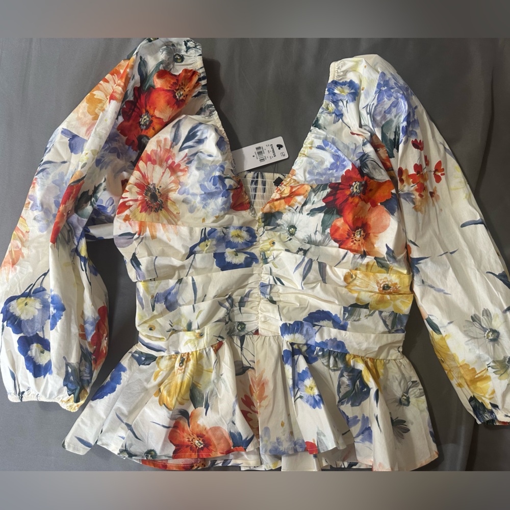 Floral Off-Shoulder Blouse, puff 3/4 sleeves, Express